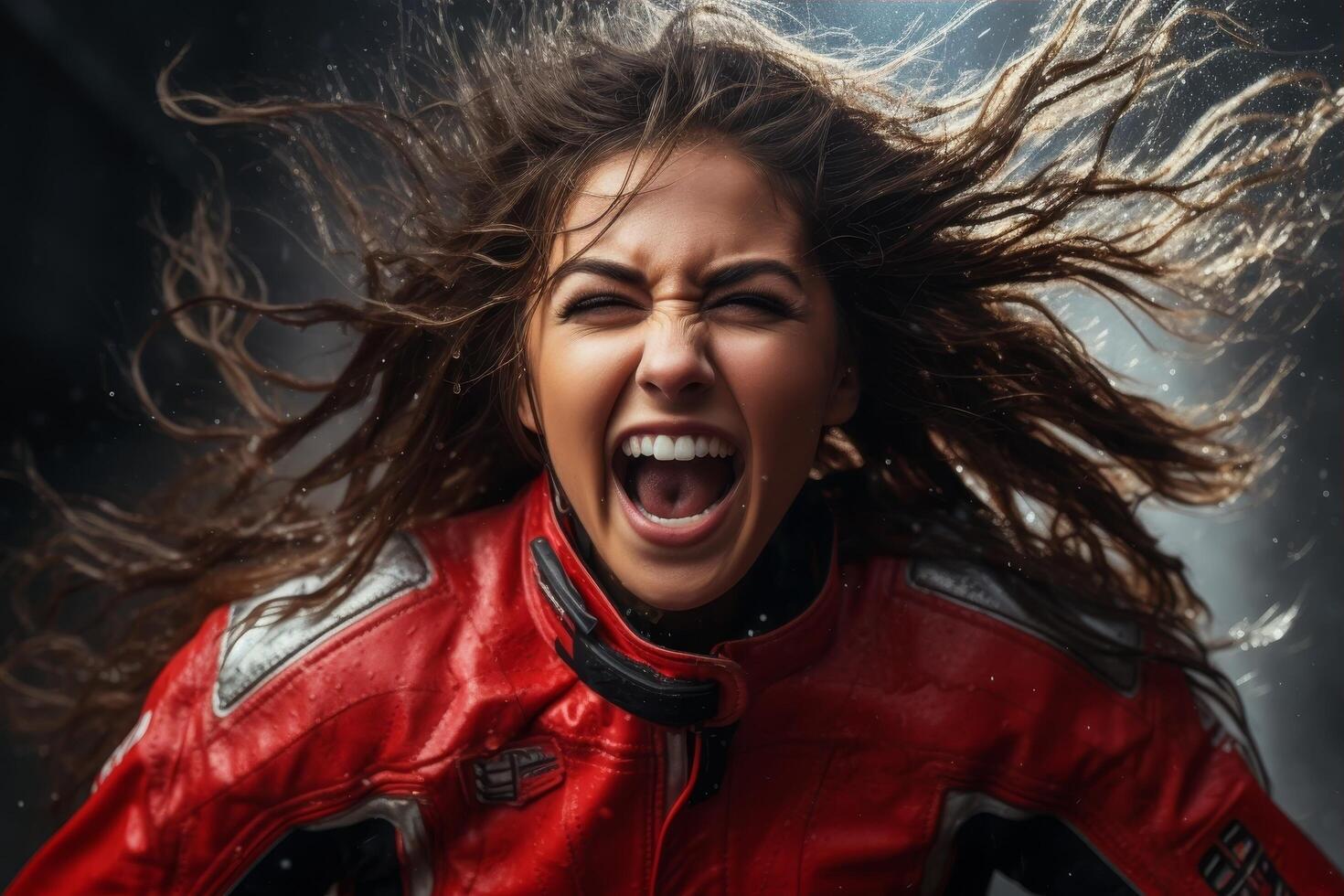 Intense woman with windblown hair photo