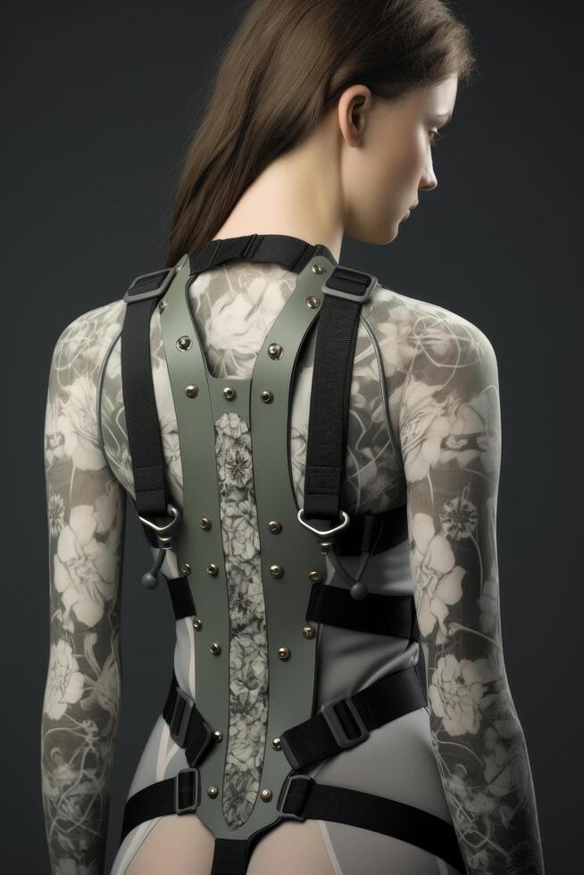 Futuristic fashion model with floral tattoos and harness photo