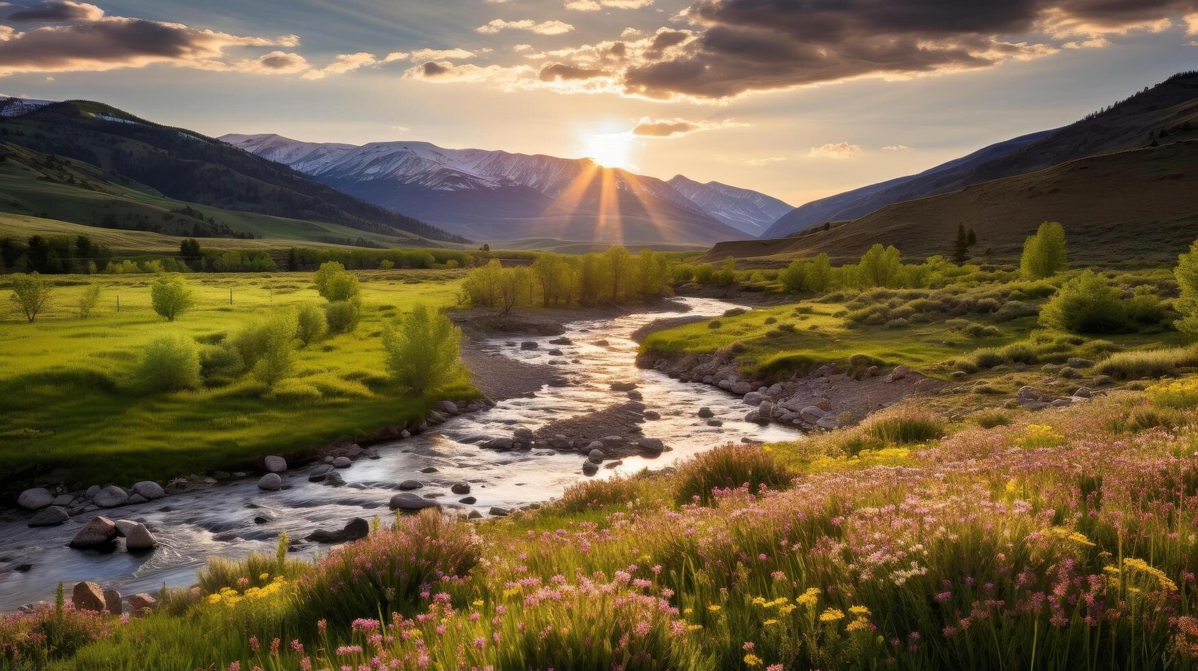 Serene mountain landscape with flowing river and colorful wildflowers at sunset photo