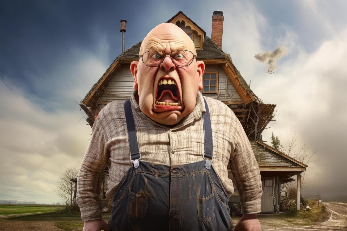 Angry old man with exaggerated facial features in front of a dilapidated house photo