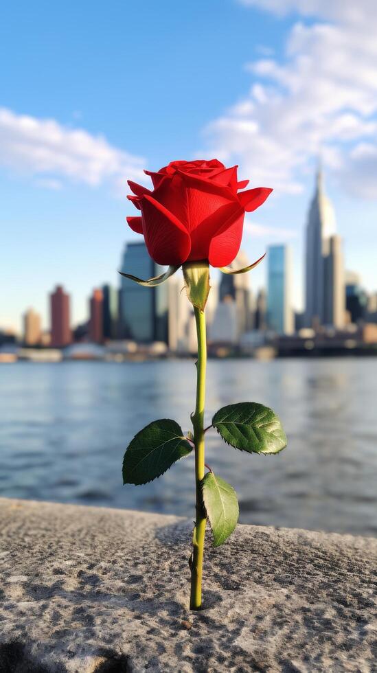 red rose with city skyline in background photo