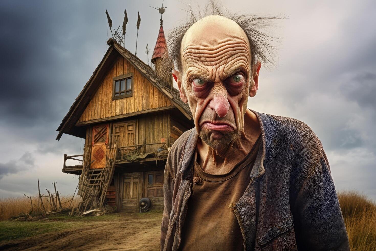 Creepy old man in front of a dilapidated wooden house photo