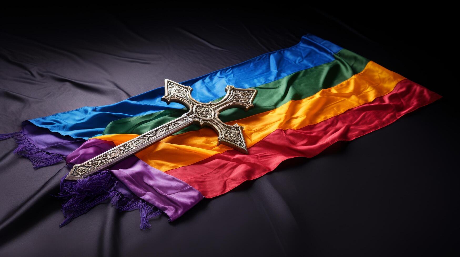 Ornate cross on rainbow flag photo
