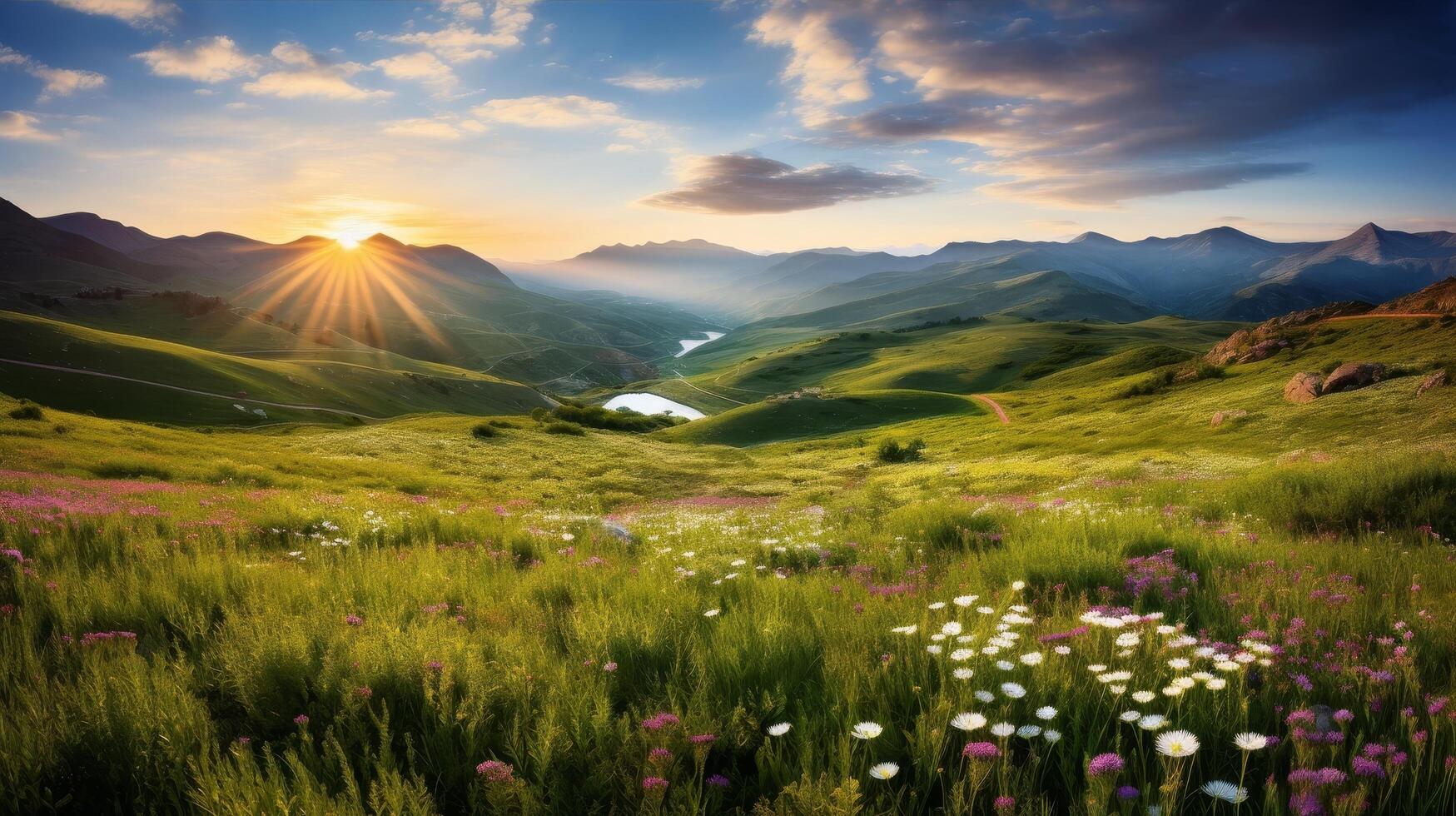 Breathtaking sunset over lush green mountain landscape photo