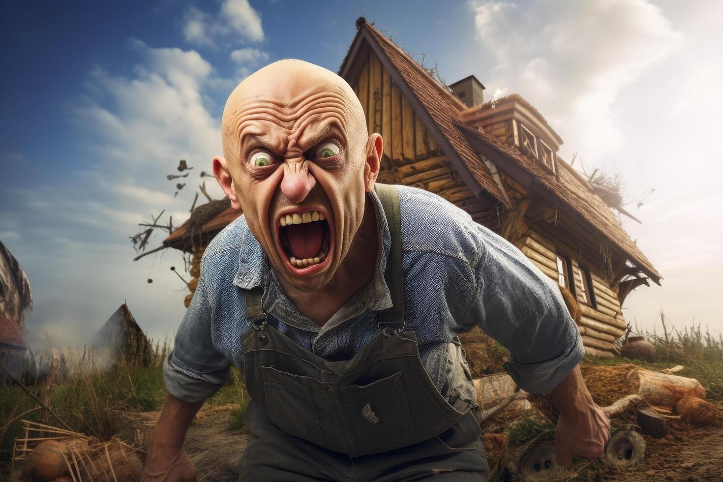 angry man shouting in front of a wooden cabin photo