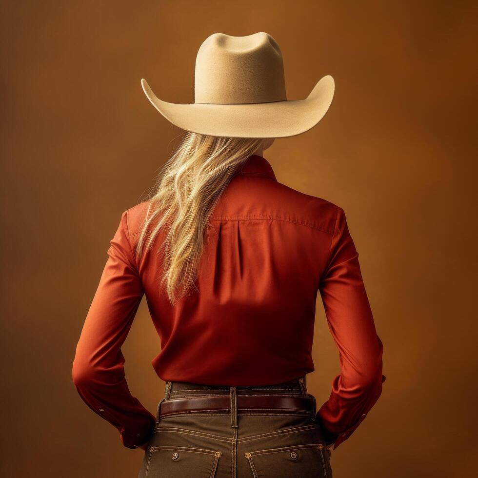 Cowgirl in red shirt and hat photo