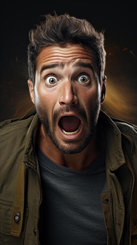 Surprised man with wide eyes and open mouth photo