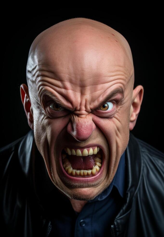 Angry bald man with intense expression photo