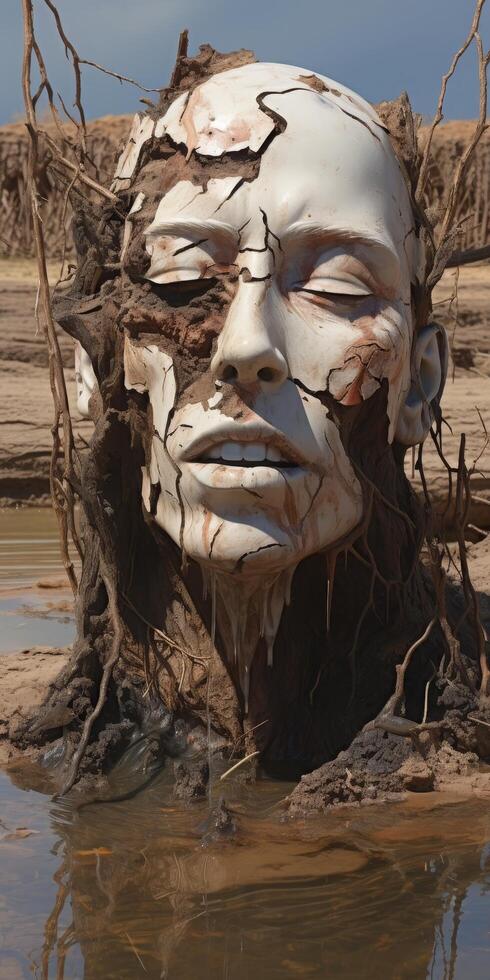 Weathered face in desert landscape photo