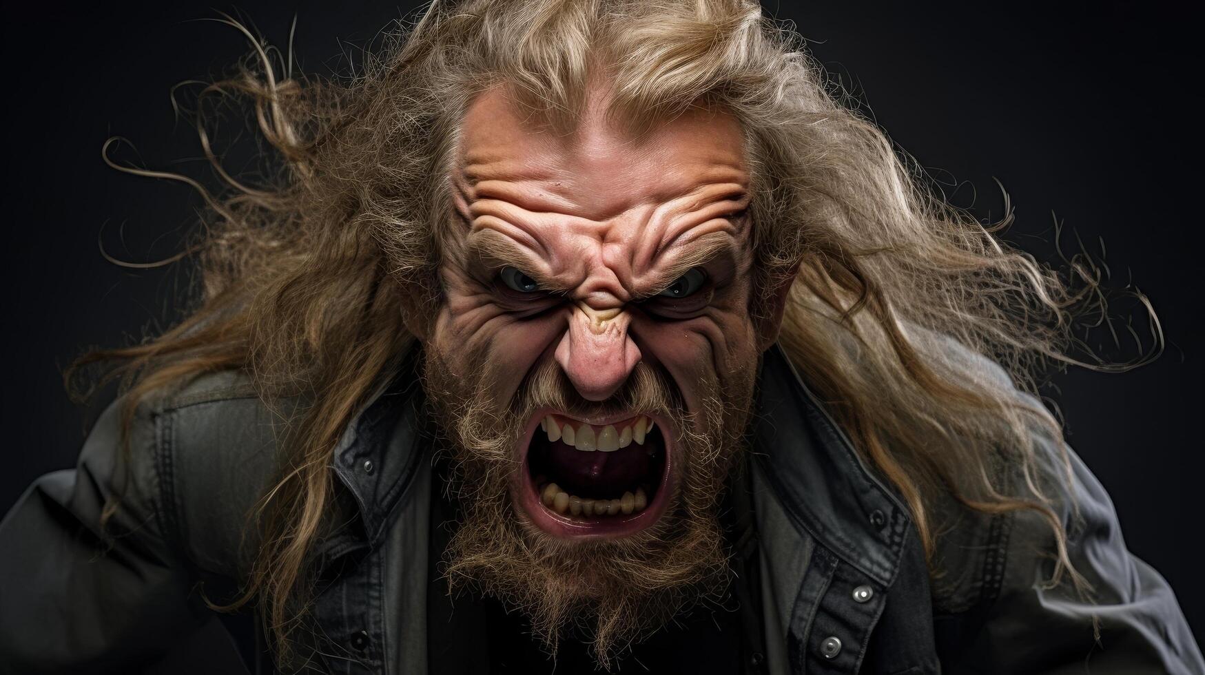 Angry bearded man with wild hair photo