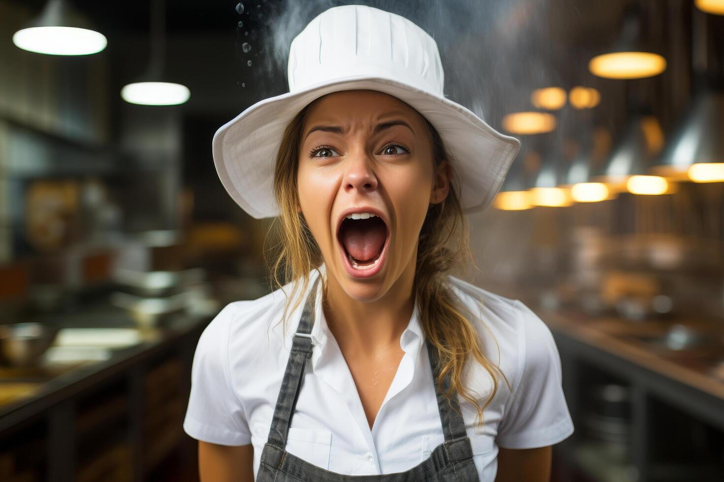 Angry chef yelling in kitchen photo