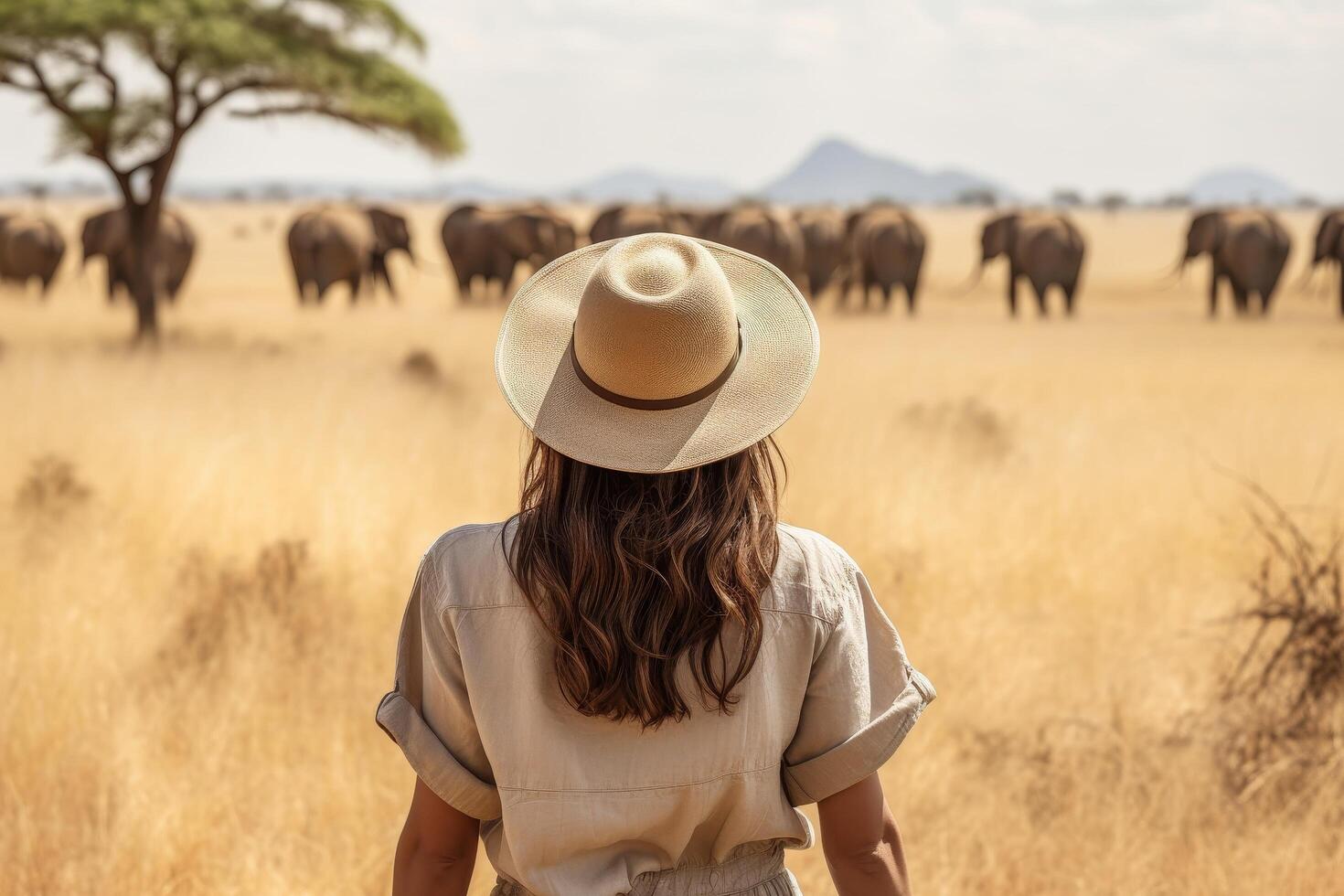 woman in safari hat observing herd of elephants in savanna photo