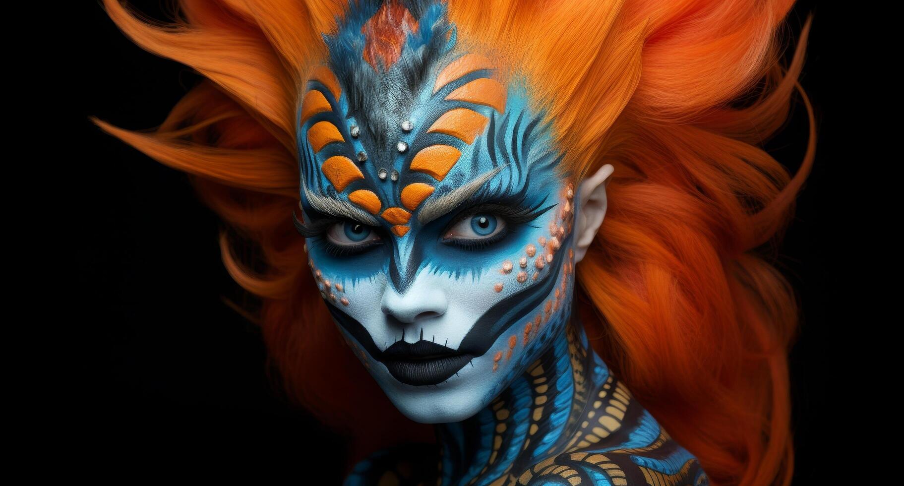 Colorful fantasy makeup with feathers and patterns photo
