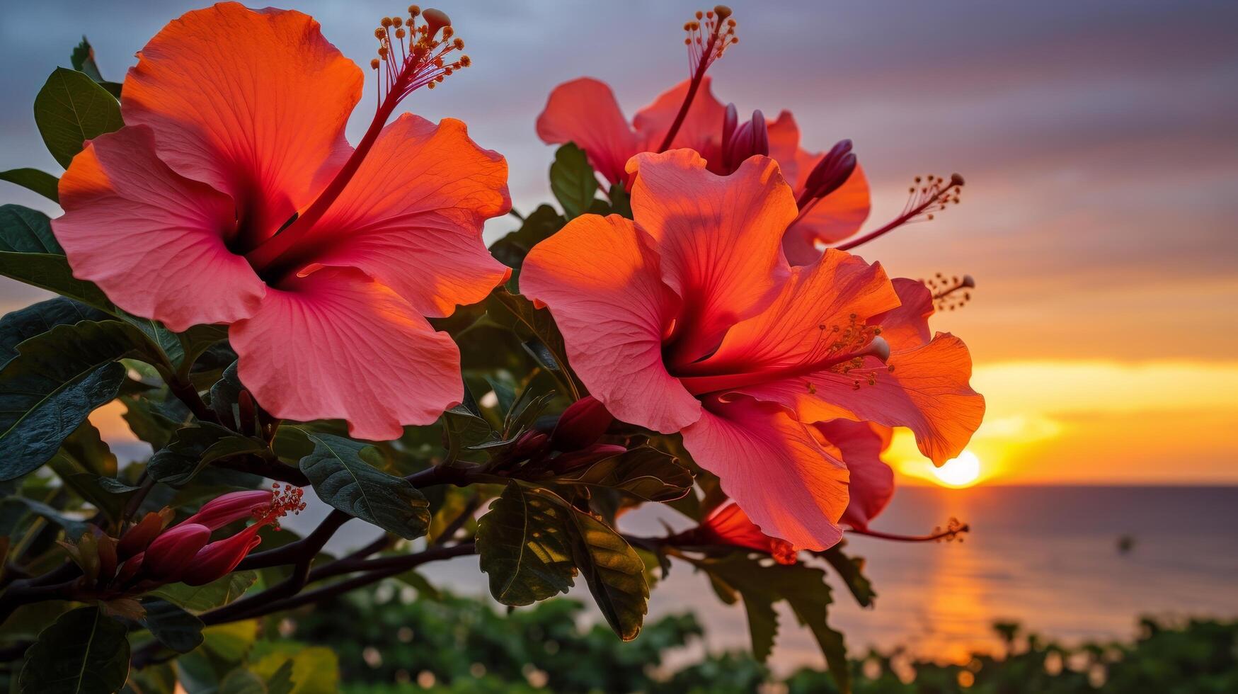 vibrant hibiscus flowers in sunset photo
