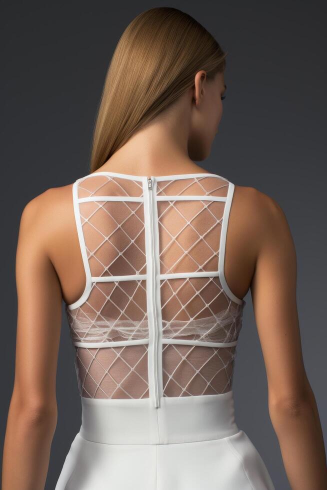 Elegant white dress with sheer back panel photo