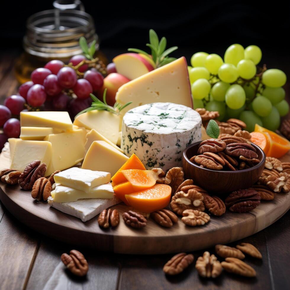Assorted cheese, fruits, and nuts on a wooden board photo