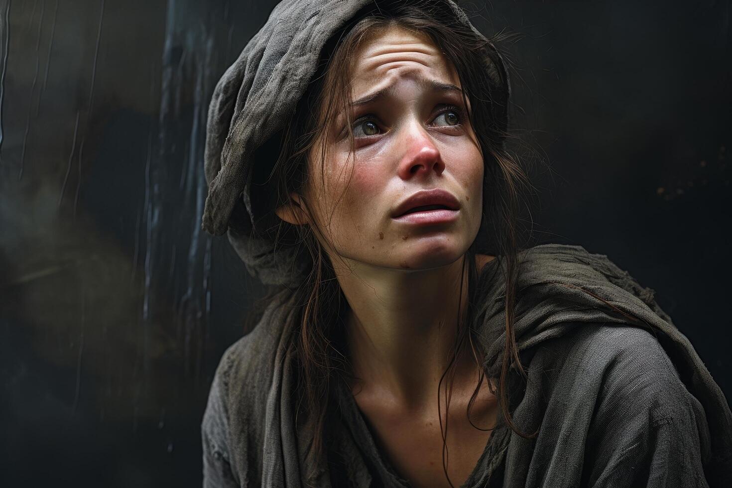 Distressed woman with hood in dark alley photo