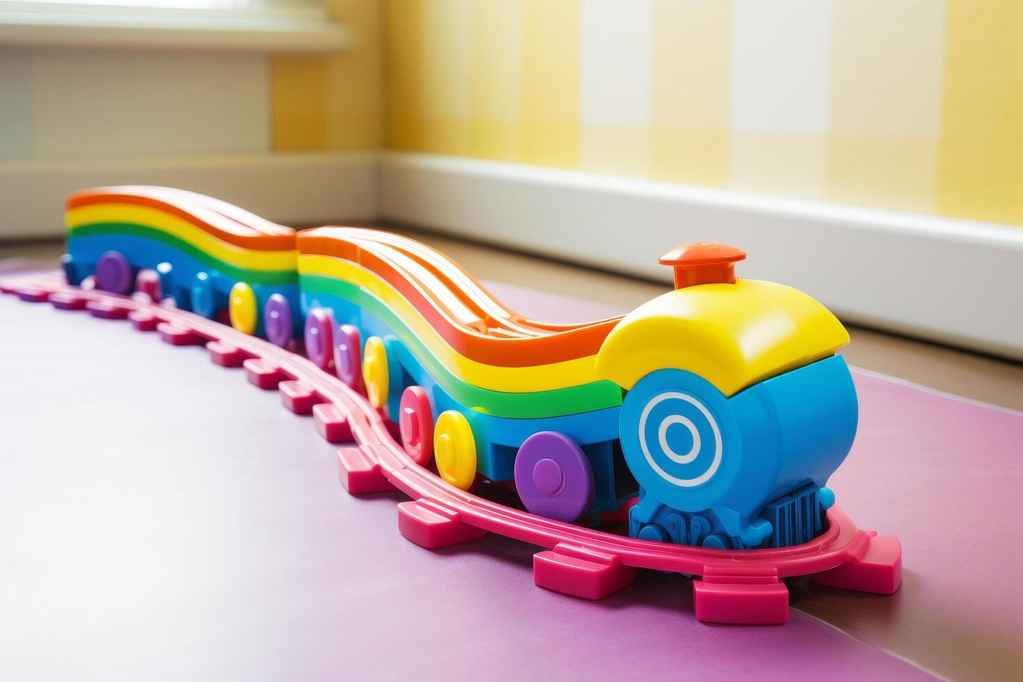 Colorful toy train on a pink surface photo