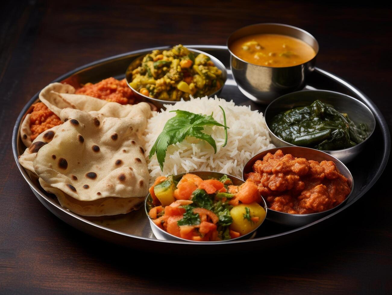 Assortment of traditional indian dishes served on a platter photo