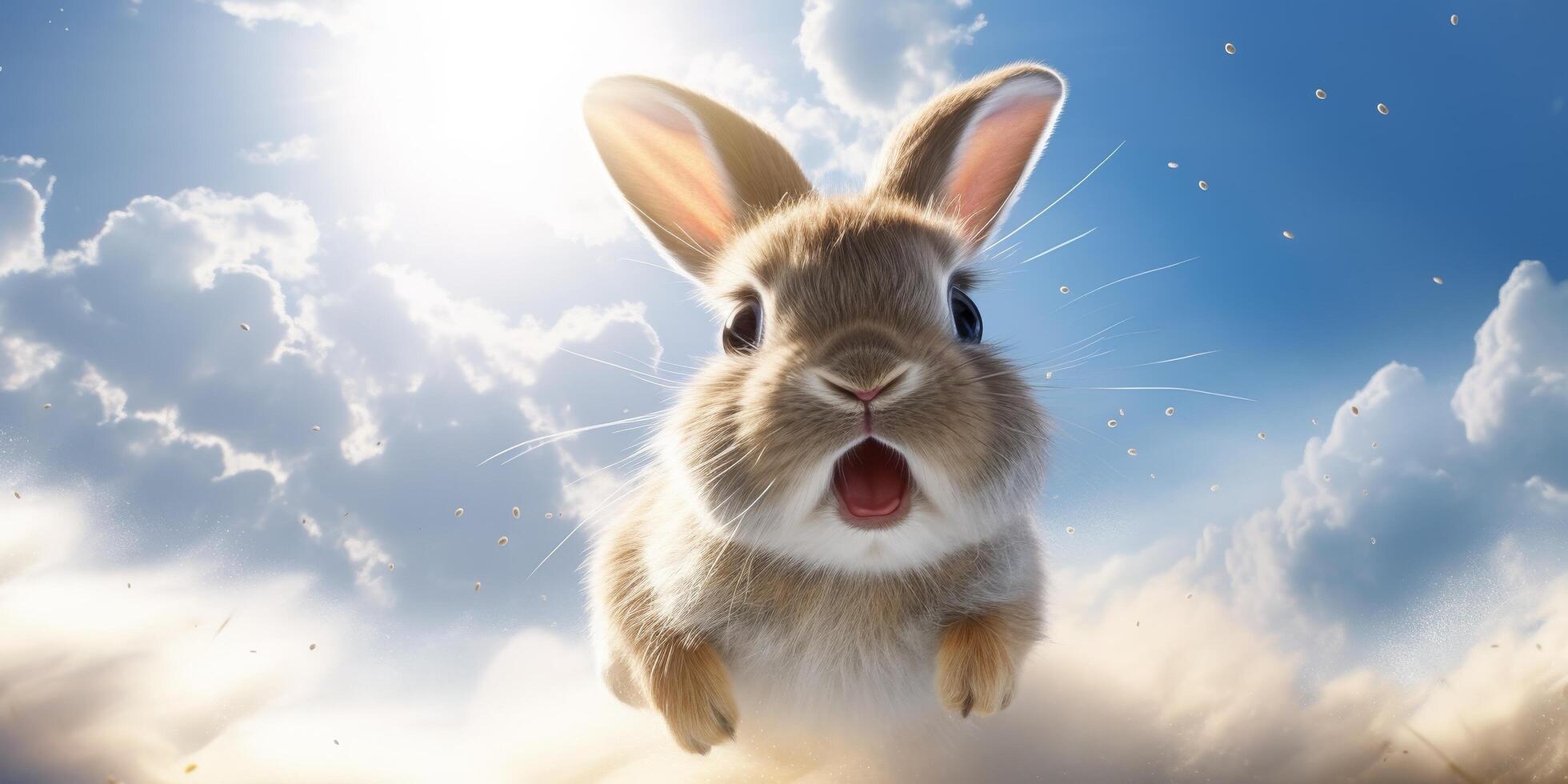 Cute and surprised rabbit in the clouds photo