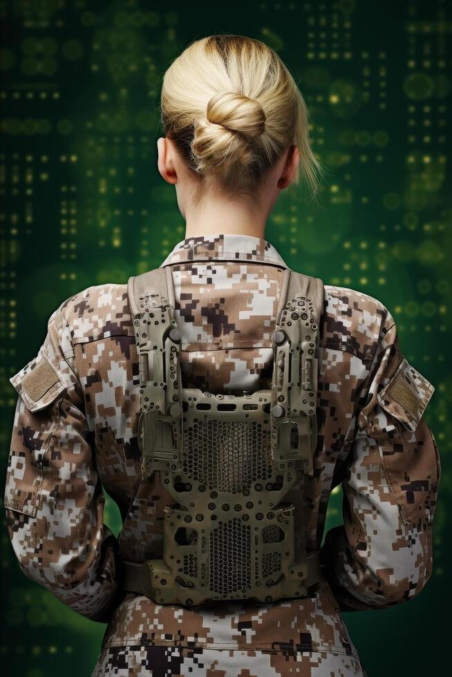 military soldier in camouflage uniform with protective gear photo