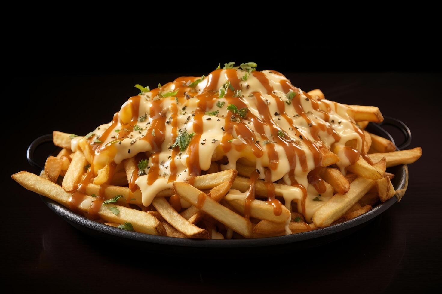 Delicious cheesy fries with sauce photo
