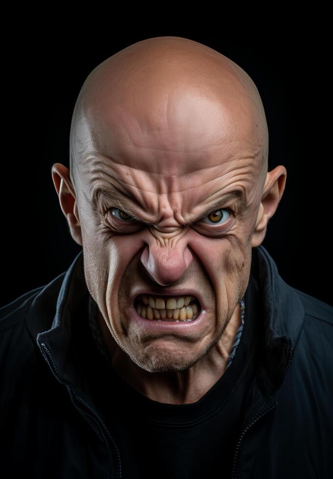 Angry bald man with intense facial expression photo