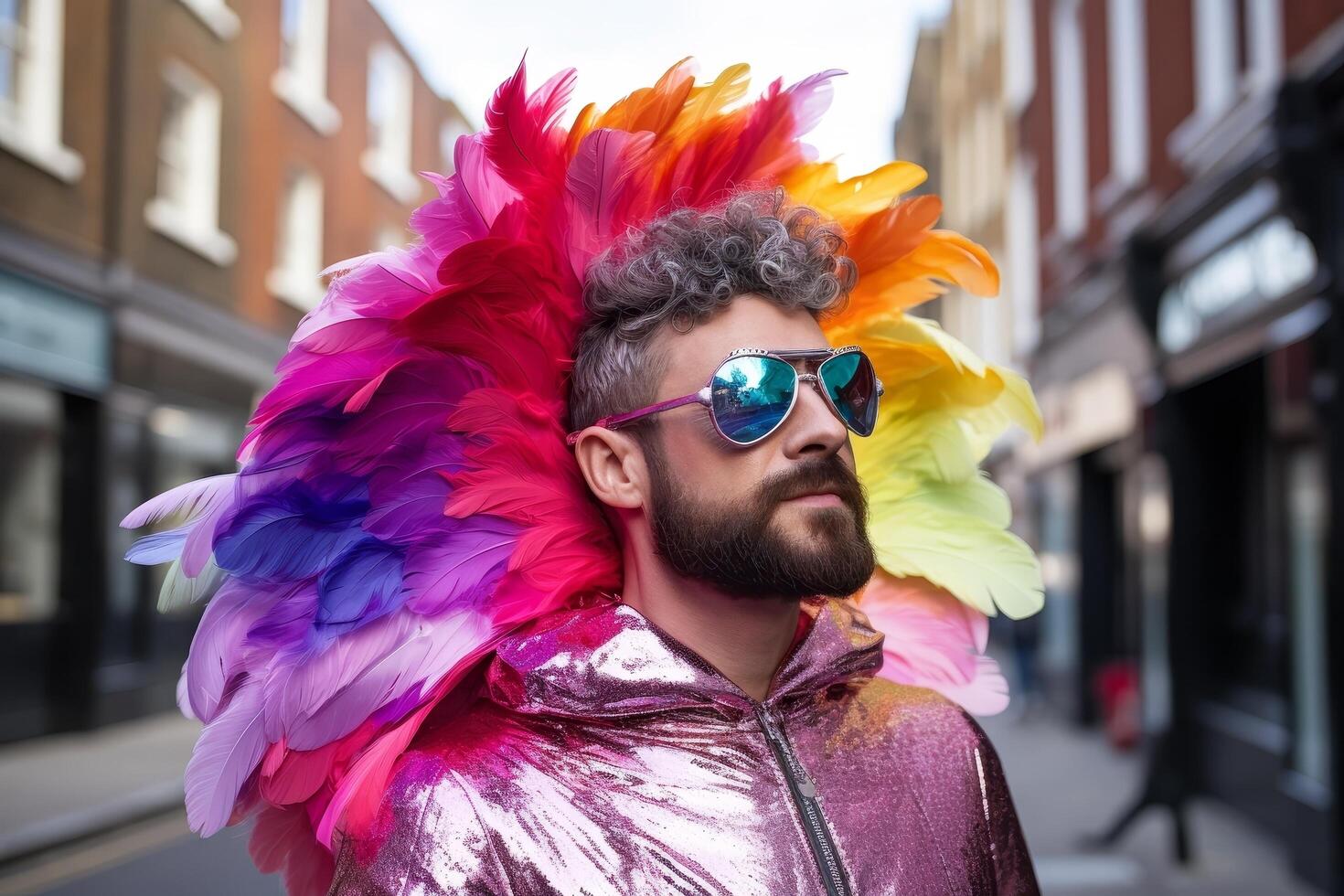 Colorful feathered costume at a pride parade photo