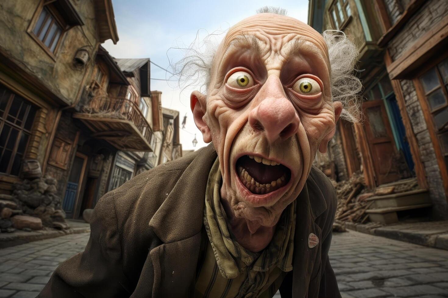 Creepy old man with wild eyes and teeth in an eerie alleyway photo