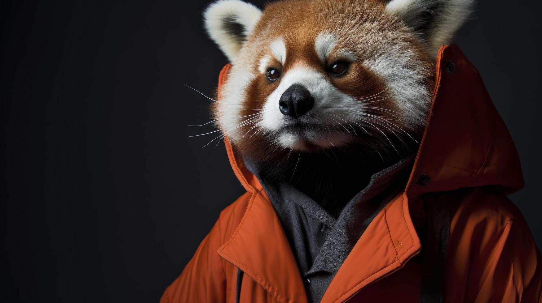 Adorable red panda wearing an orange jacket photo