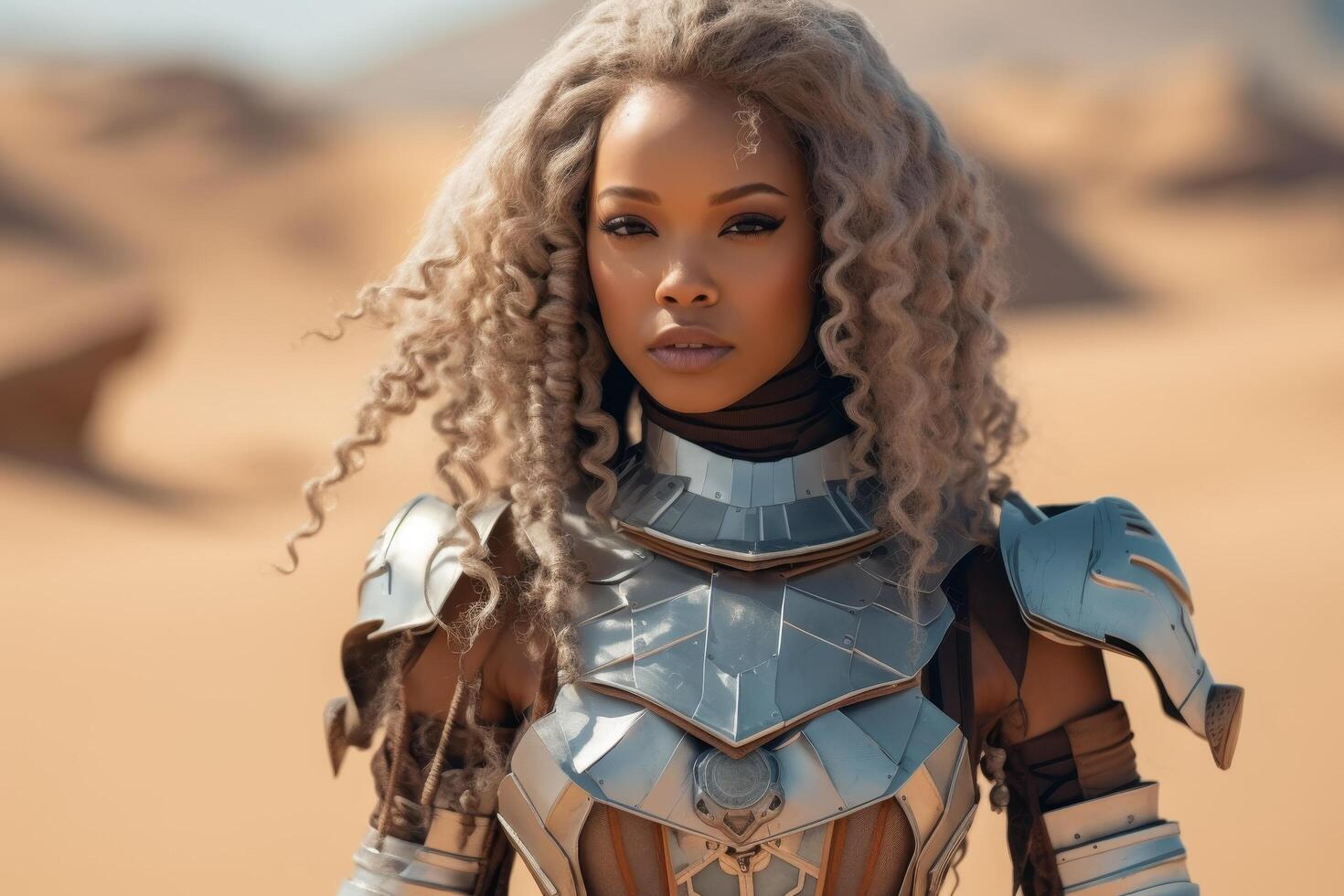 futuristic warrior woman with curly hair in desert landscape photo