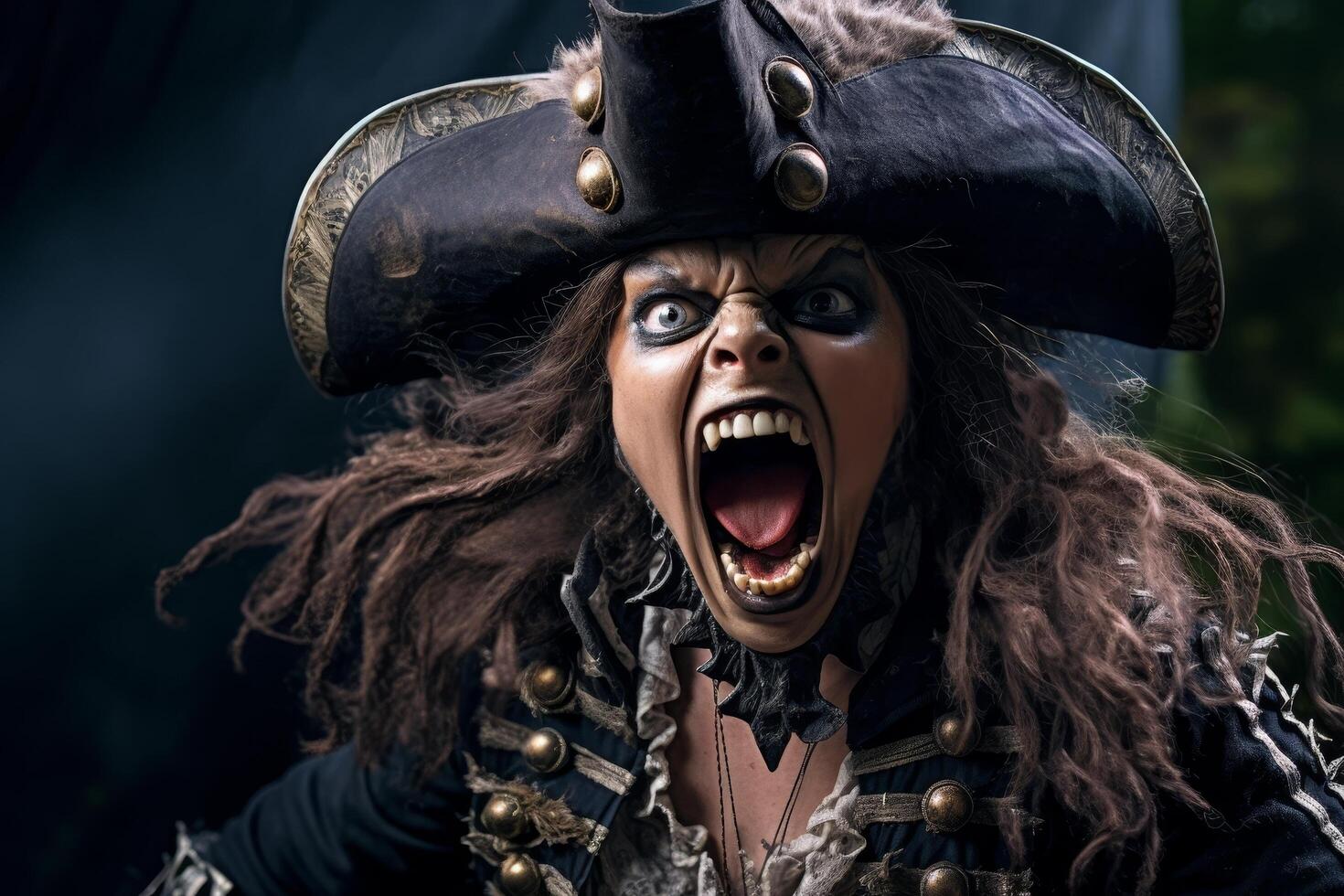 Scary pirate woman with wild hair and open mouth photo