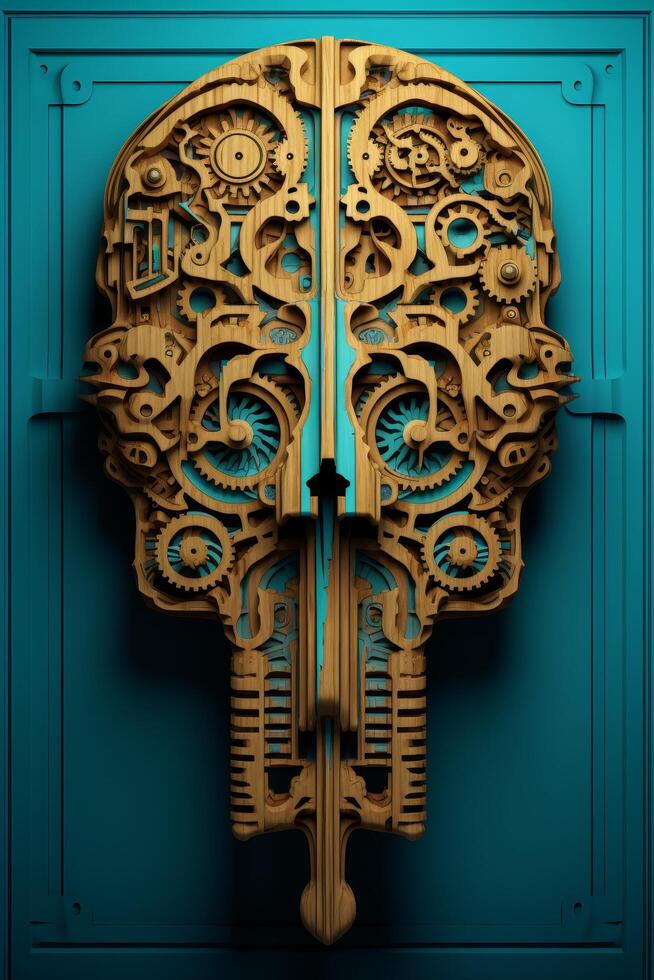 Intricate wooden sculpture with gears and mechanisms photo