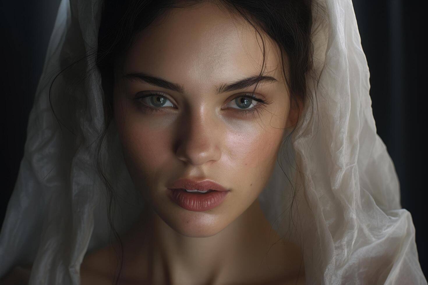 Mysterious woman in white veil photo
