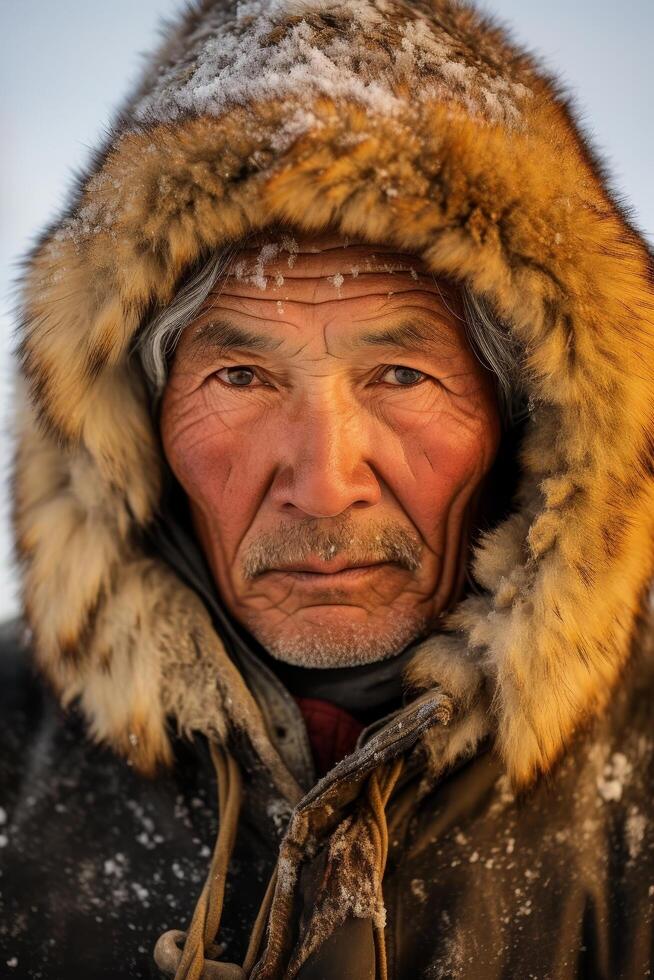 Portrait of weathered indigenous man in fur lined parka photo