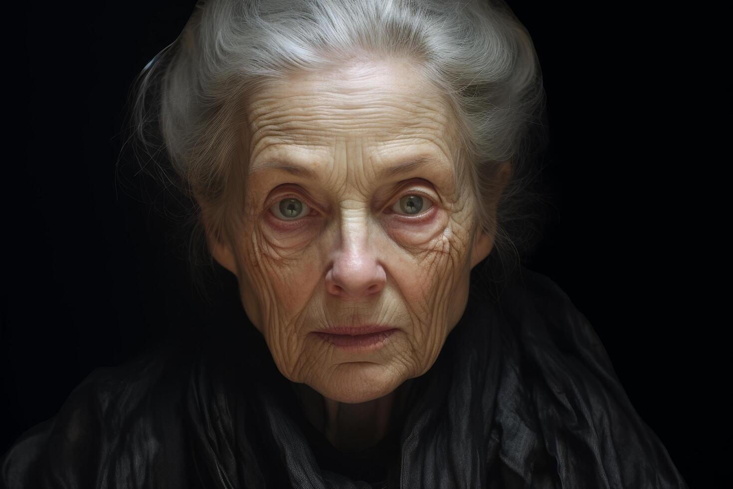 Thoughtful elderly woman with wrinkled face photo