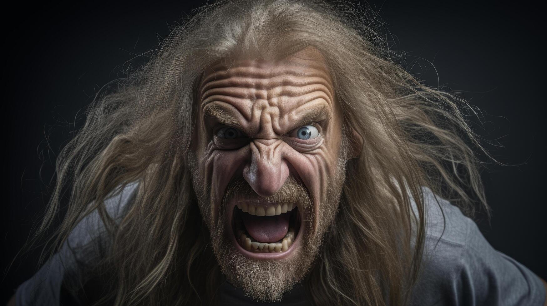 Angry old man with wild hair and beard photo