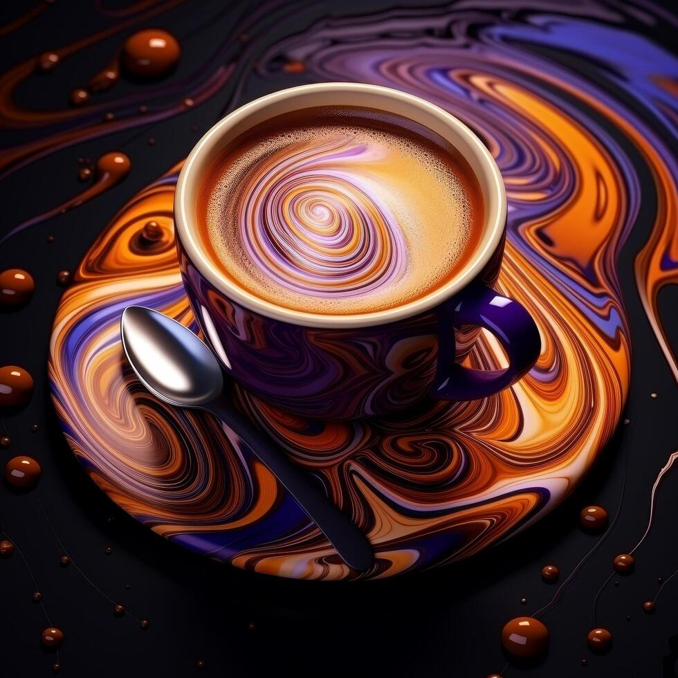 Vibrant coffee art swirl in colorful cup photo
