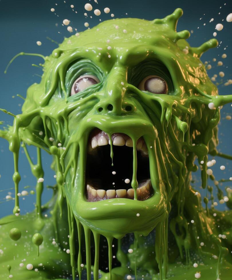Slimy green monster face with dripping ooze photo