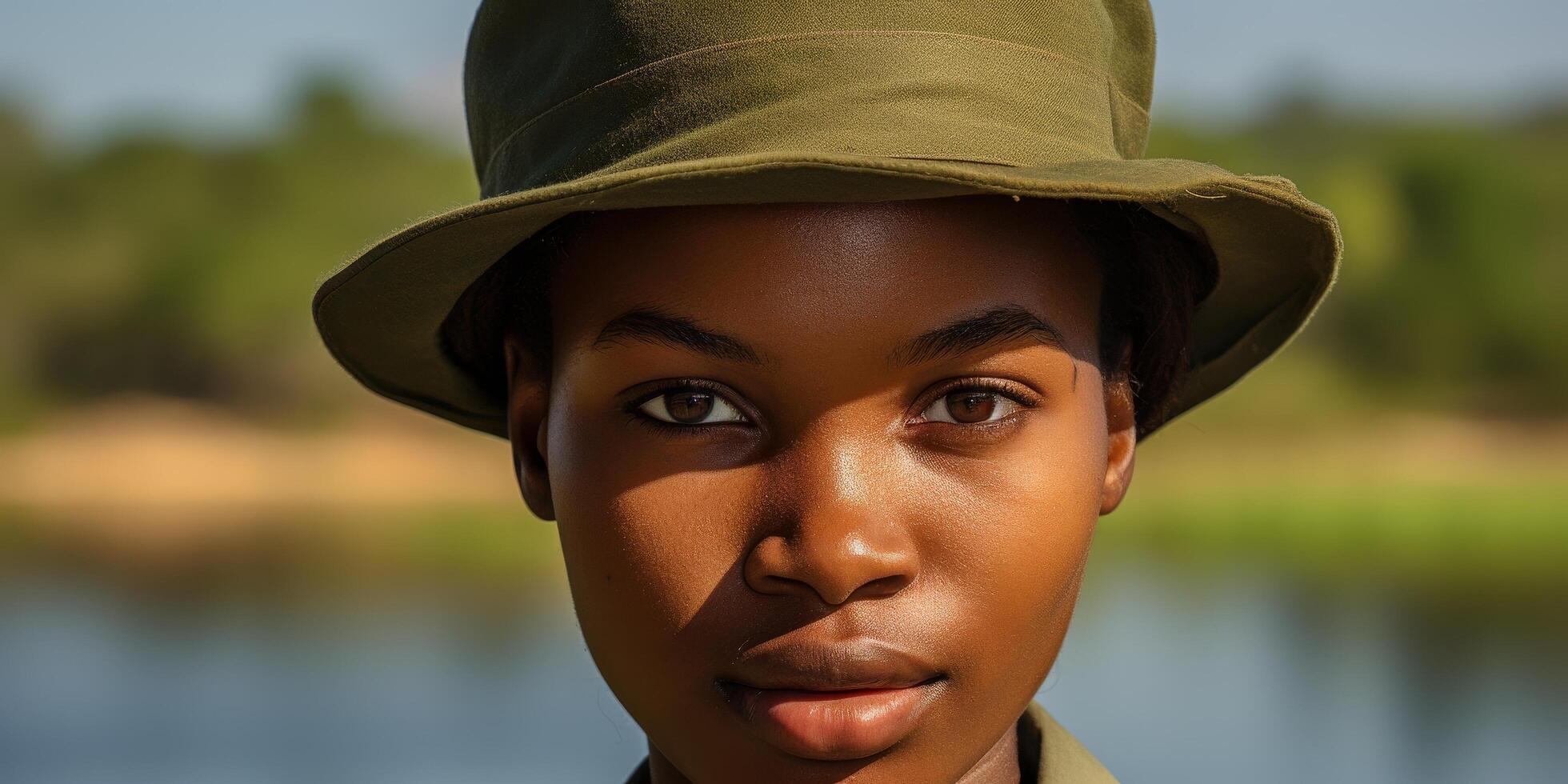 close up portrait of a young african man in a safari hat photo