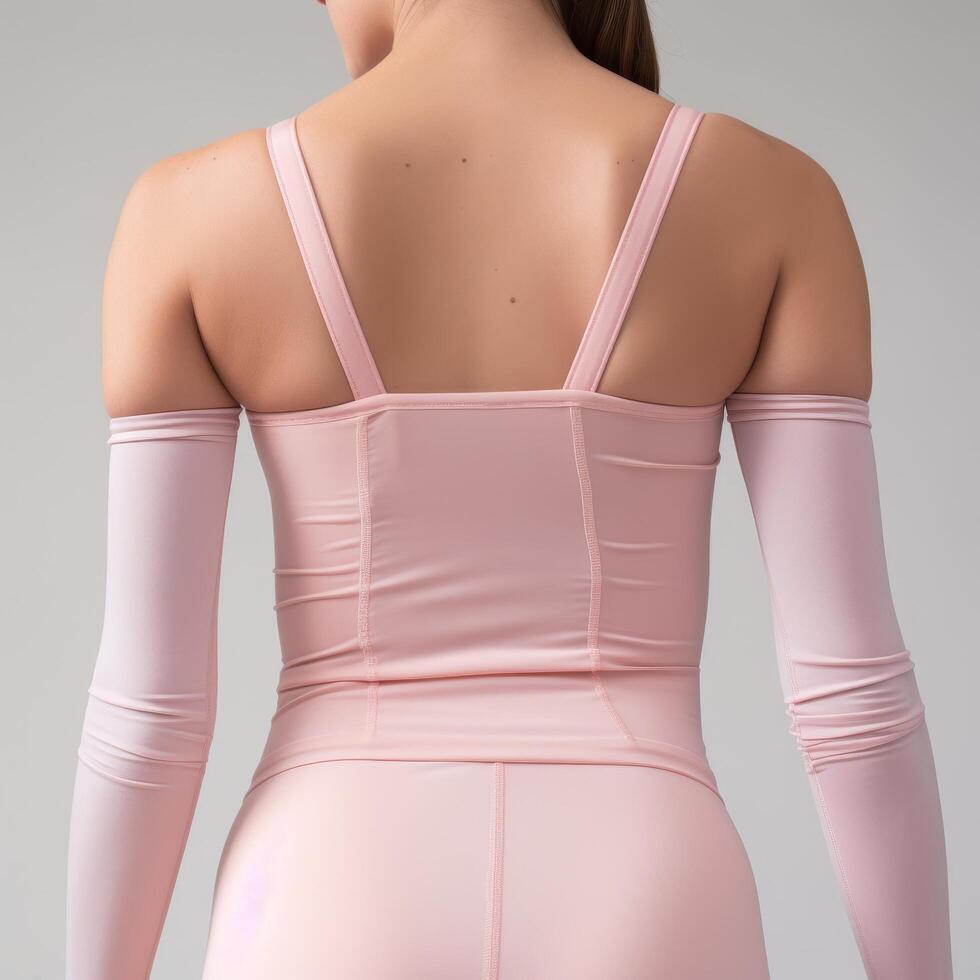 woman in pink bodysuit with open back photo