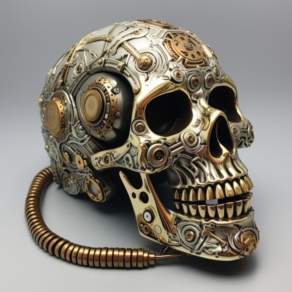 Intricate steampunk skull with mechanical components photo