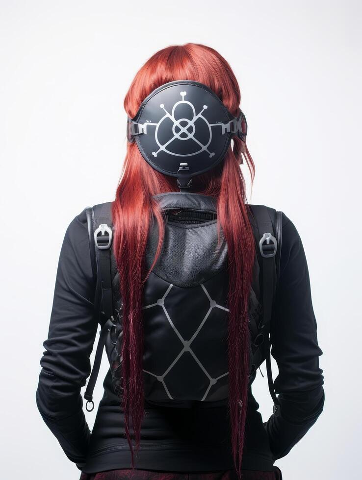 futuristic cyberpunk woman with red hair wearing protective gear photo