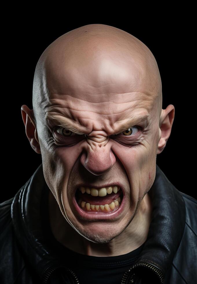 Angry bald man with intense facial expression photo