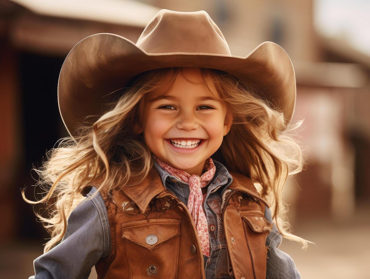young girl in cowgirl outfit smiling happily photo