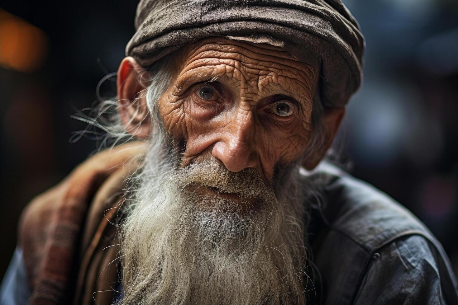 Weathered face of an elderly man with a long beard photo