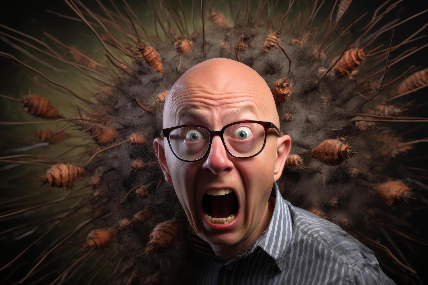 Startled man with glasses in surreal environment photo