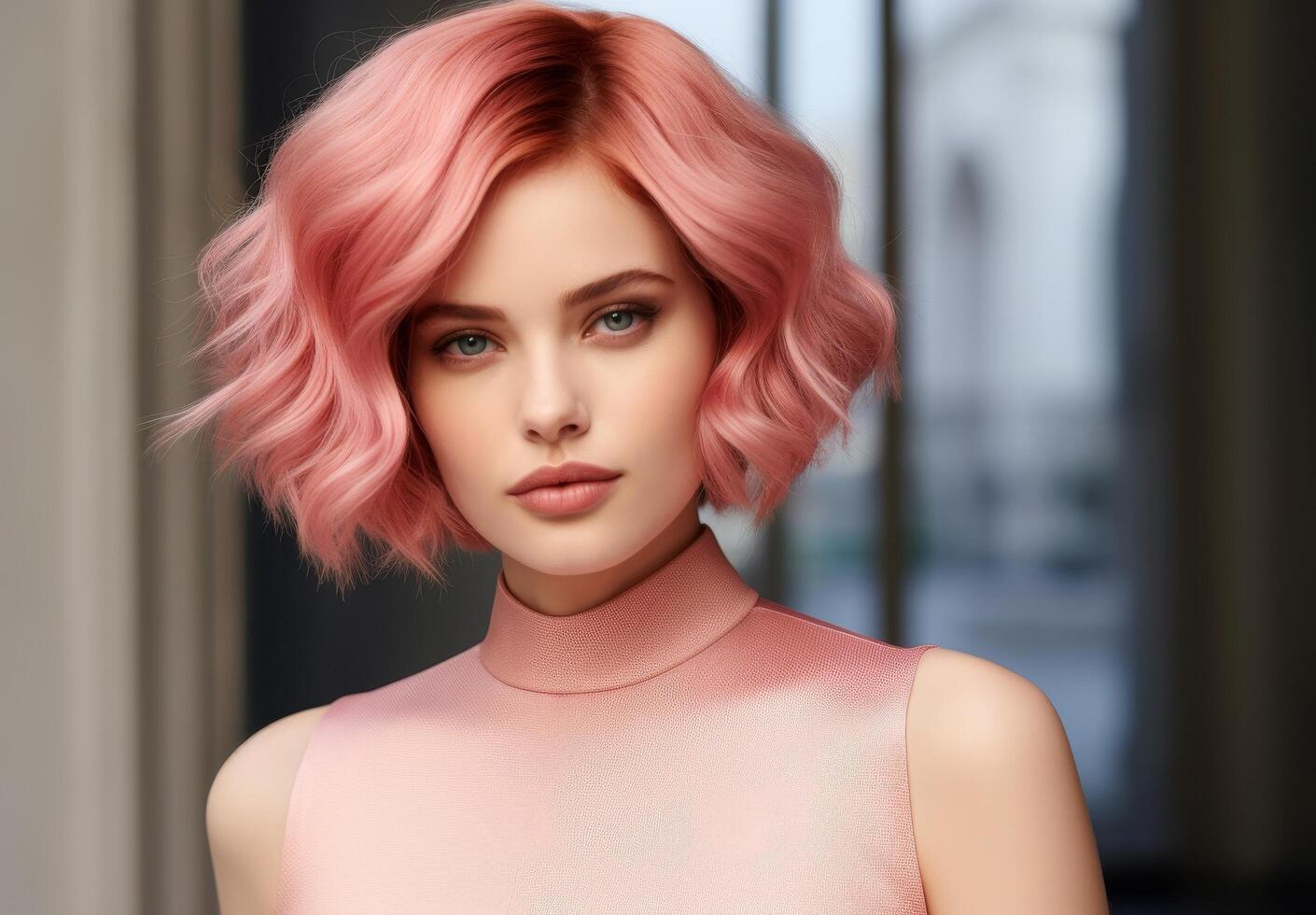 Stylish woman with vibrant pink hair photo