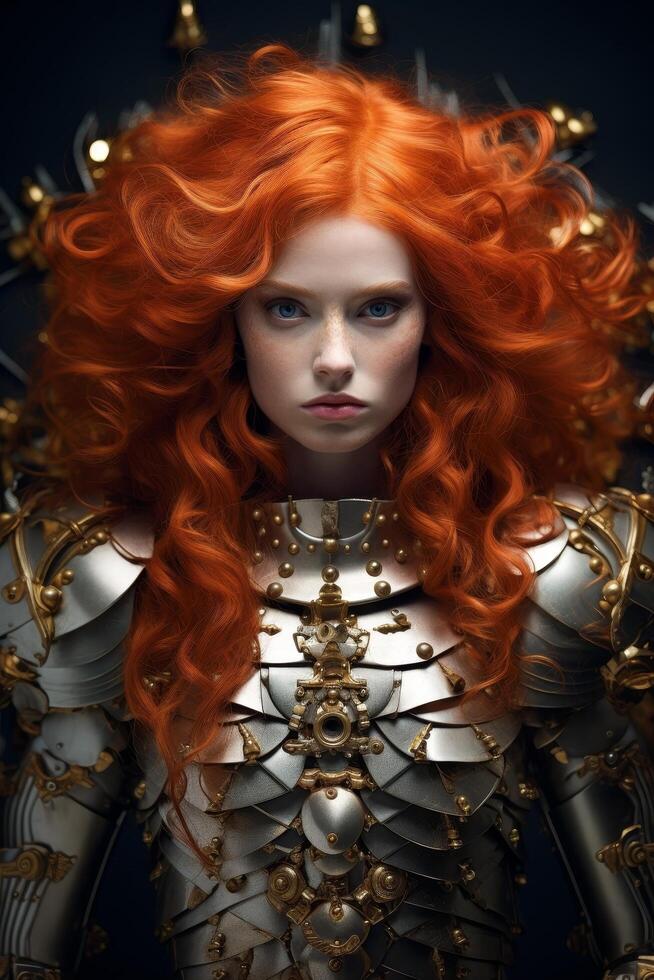 Futuristic warrior with fiery red hair photo