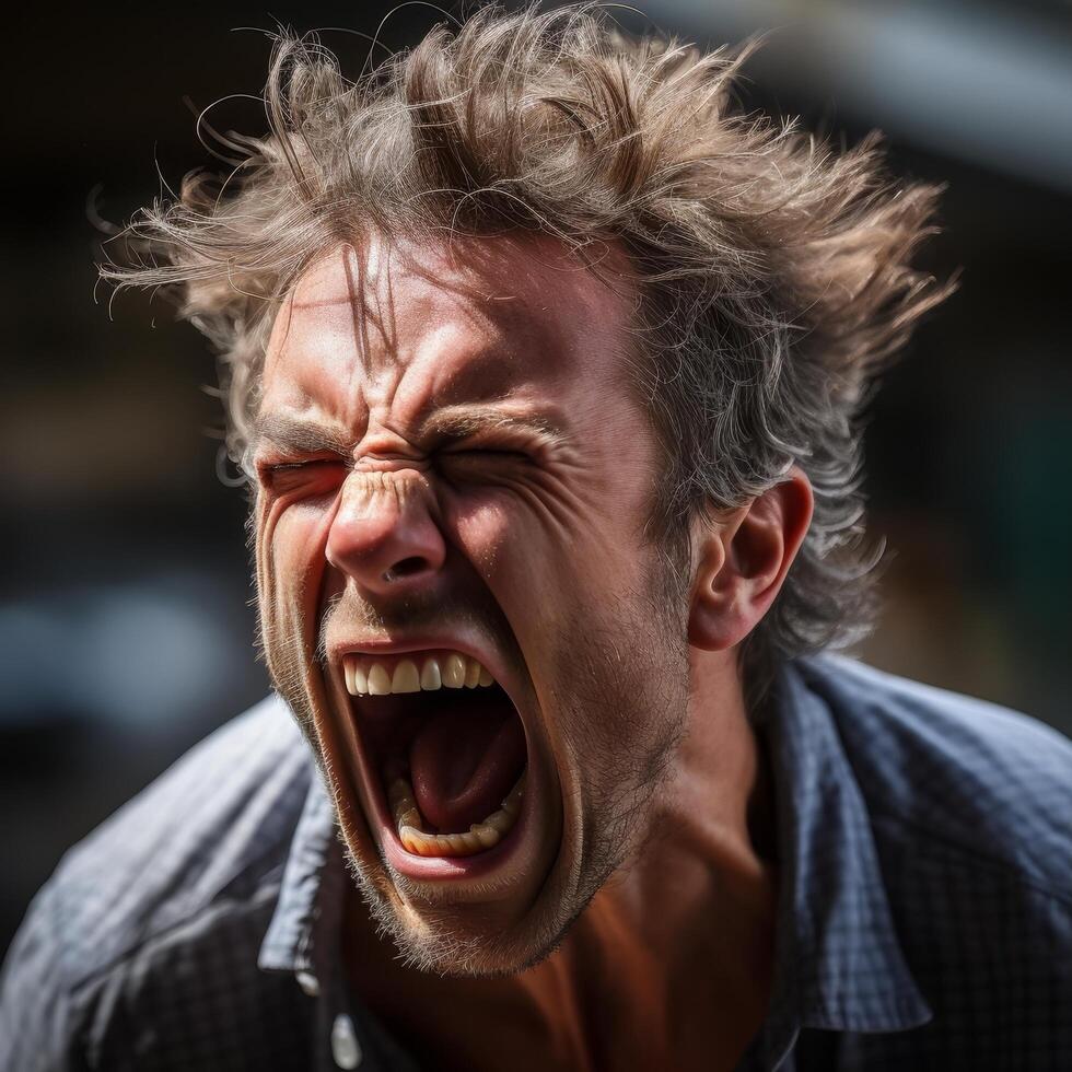 Intense facial expression of a man with wild hair photo